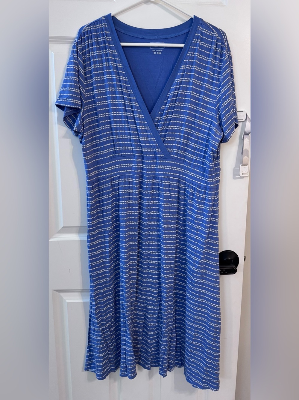 L.L.Bean Women’s Knit Midi Dress, faux wrap, blue stripe, 2X